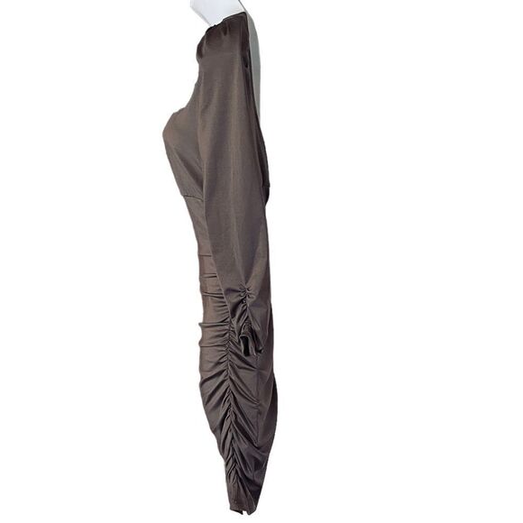 NWT NIKIBIKI Small Ruched Tan Beaded One Shoulder Dress. - Picture 8 of 10